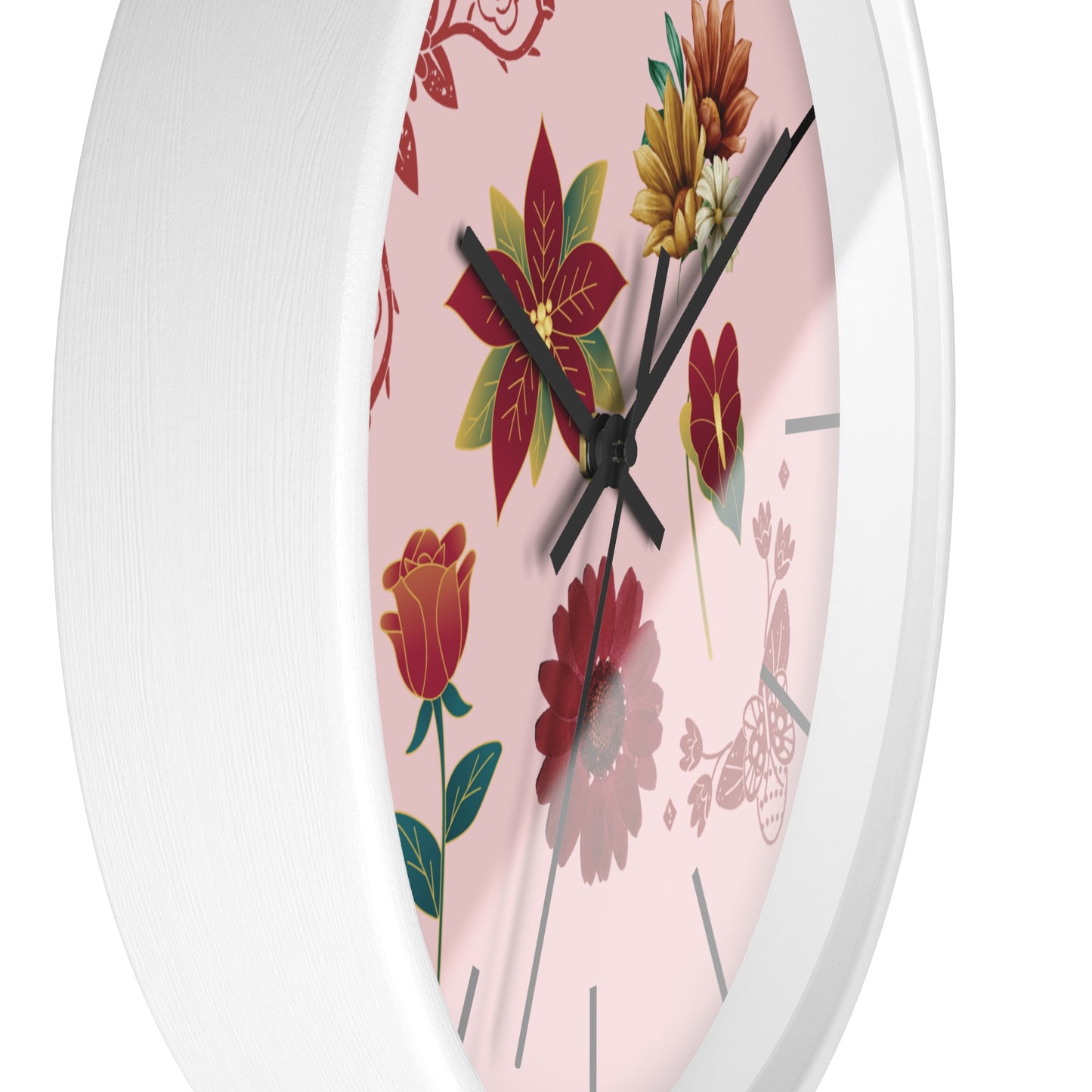 Red Floral Hand Clock, Pink Red Floral Wall Clock, Red Floral Wall Clock, Wildflower Wall Clock, Lined Wall Clock, Red Flower Wall Clock.