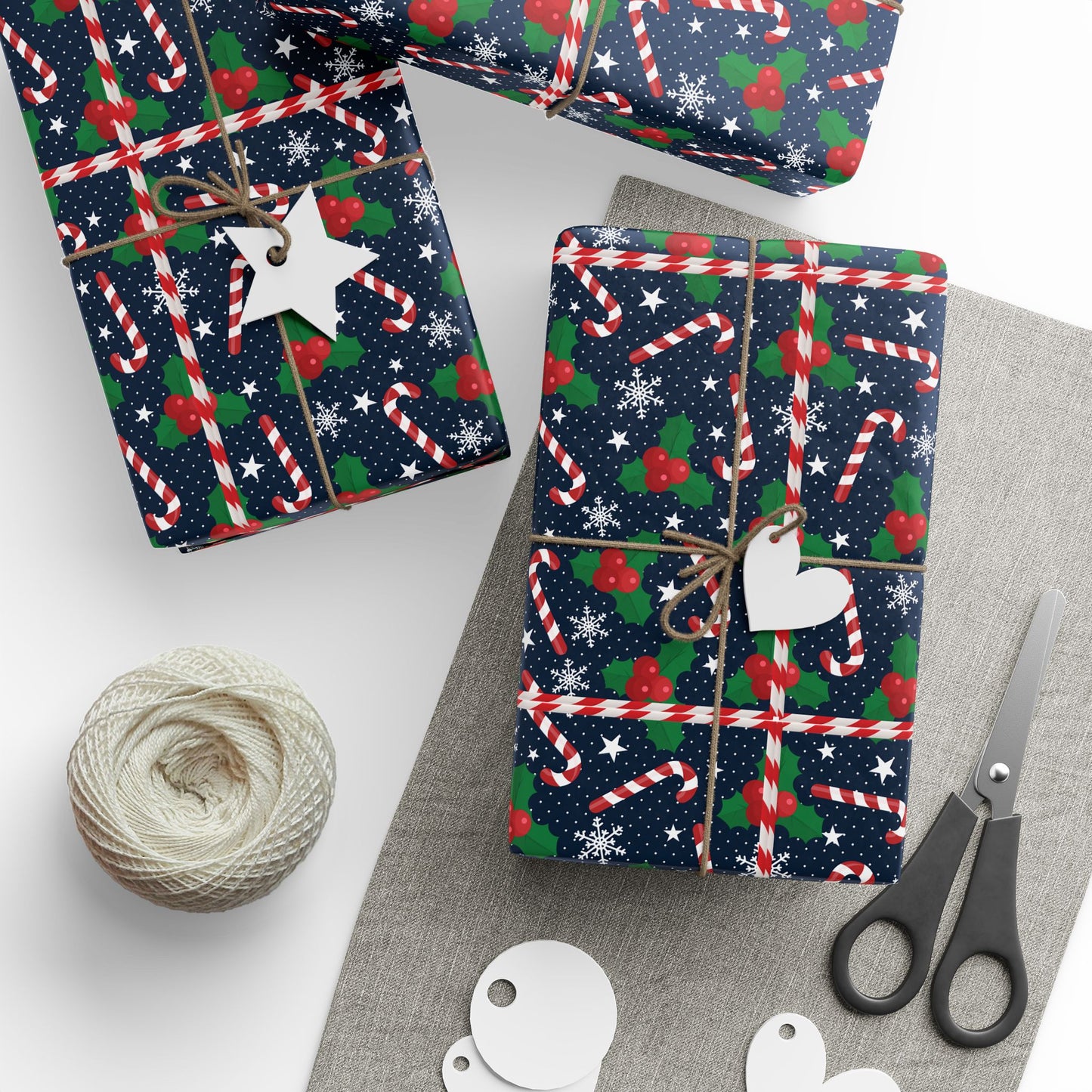 Christmas Candy Cane Wrapping Paper, Festive Holiday Gift Wrap, Holly and Snowflake Design Seasonal Christmas Paper