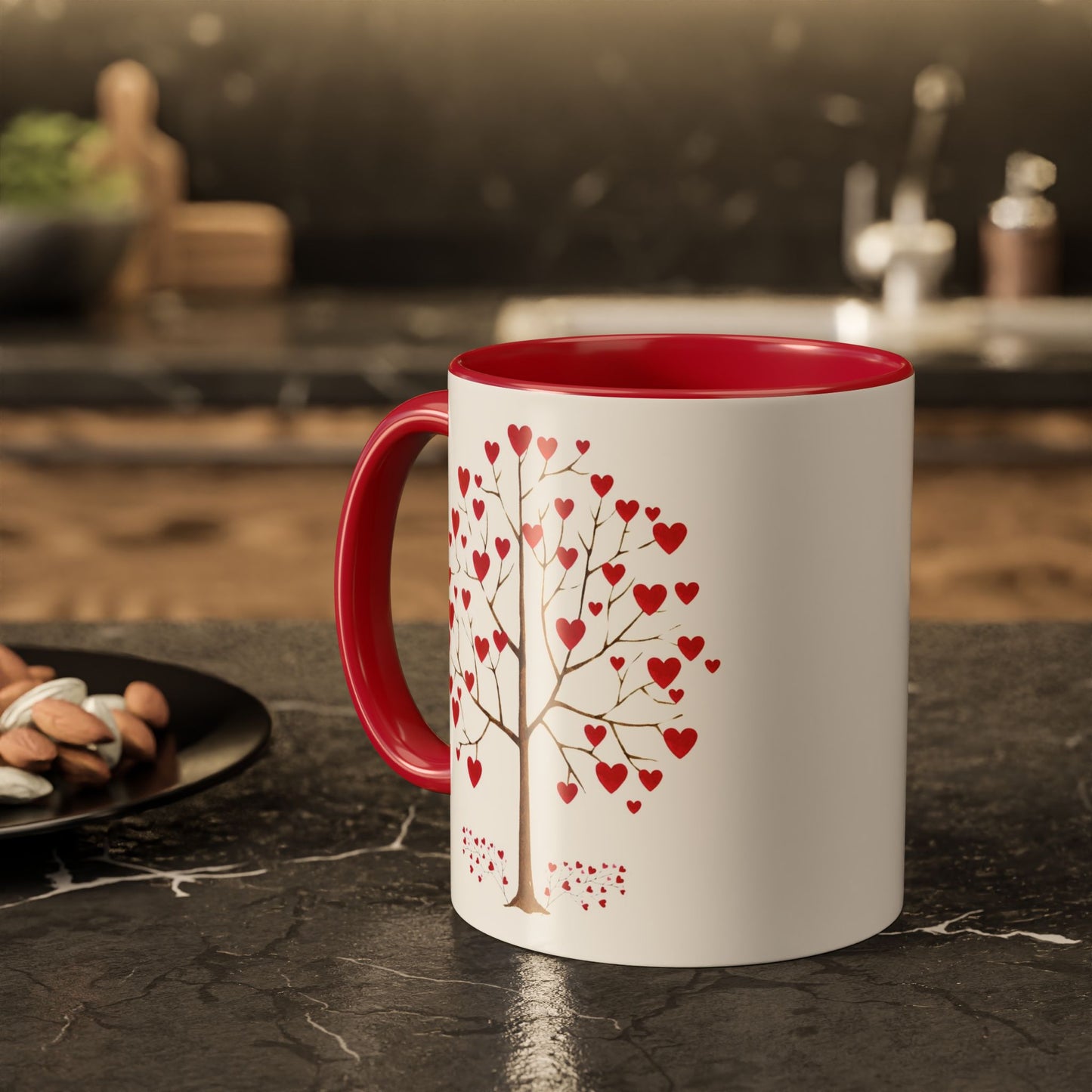 Valentine Red Accent Mug, Heart Tree Mug, Double Sided Love Mug, Watercolor Valentine Mug, Love Tree Mug, Red Hearts Valentine Mug