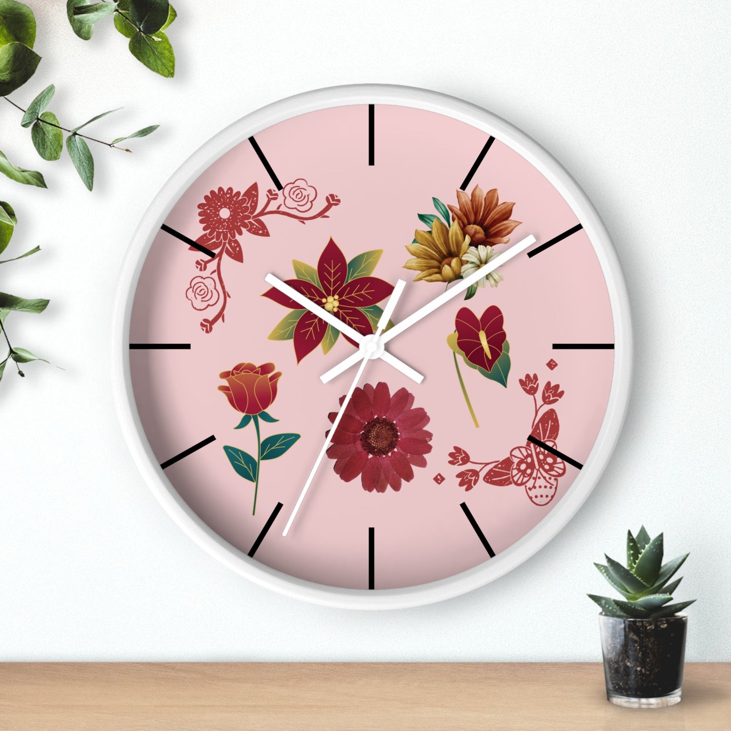 Red Floral Hand Clock, Pink Red Floral Wall Clock, Red Floral Wall Clock, Wildflower Wall Clock, Lined Wall Clock, Red Flower Wall Clock.