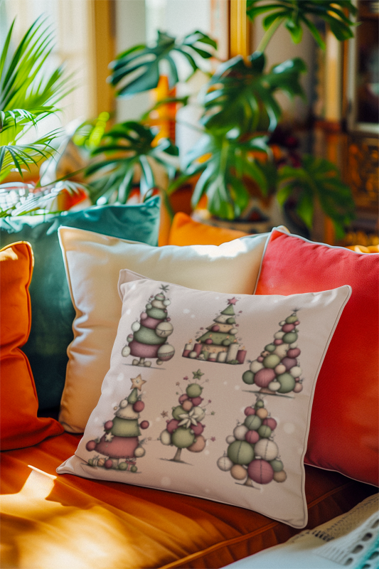Whimsical Christmas Tree Throw Pillow – Soft Pastel Holiday Cushion | Festive Cozy Winter Decor | Christmas Gift for Her