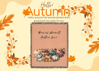 Harvest Warmth Gather Love Woven Blanket Fall Floral Pumpkin Throw Cozy Autumn Home Décor Blanket Rustic Thanksgiving Gift