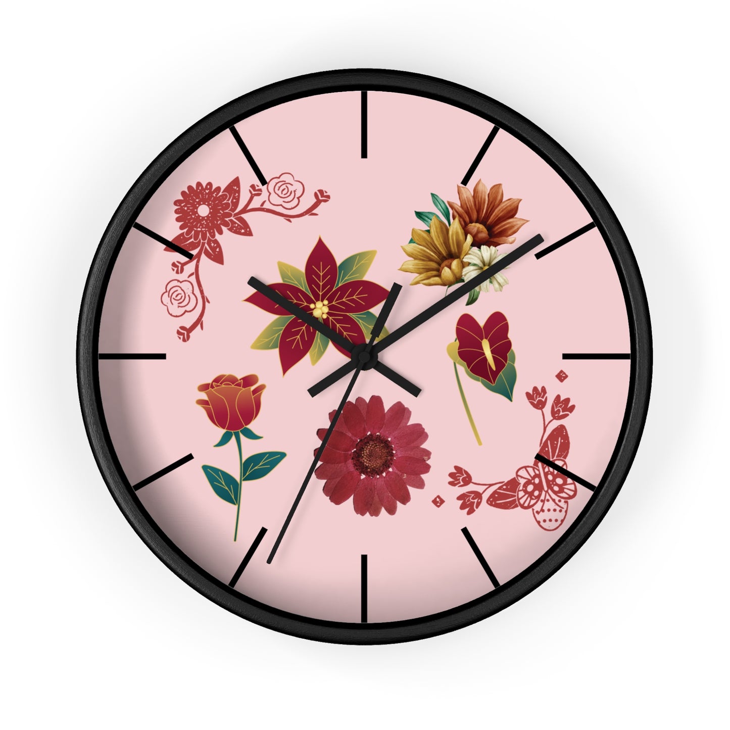 Red Floral Hand Clock, Pink Red Floral Wall Clock, Red Floral Wall Clock, Wildflower Wall Clock, Lined Wall Clock, Red Flower Wall Clock.