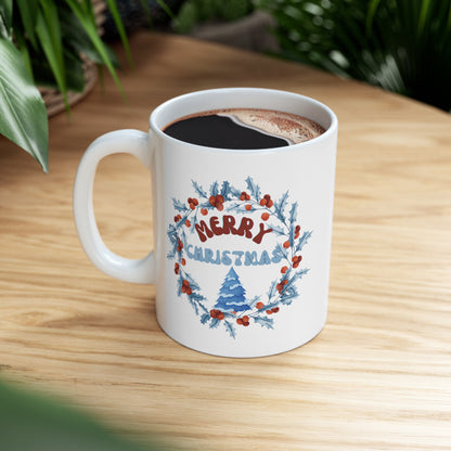 Merry Christmas Wreath Mug, Ceramic Wreath Coffee Mug, Holiday Wreath Mug, Christmas Wreath Coffee Mug, Christmas Wreath Mug, Wreath Mug, Ceramic Mug 11oz