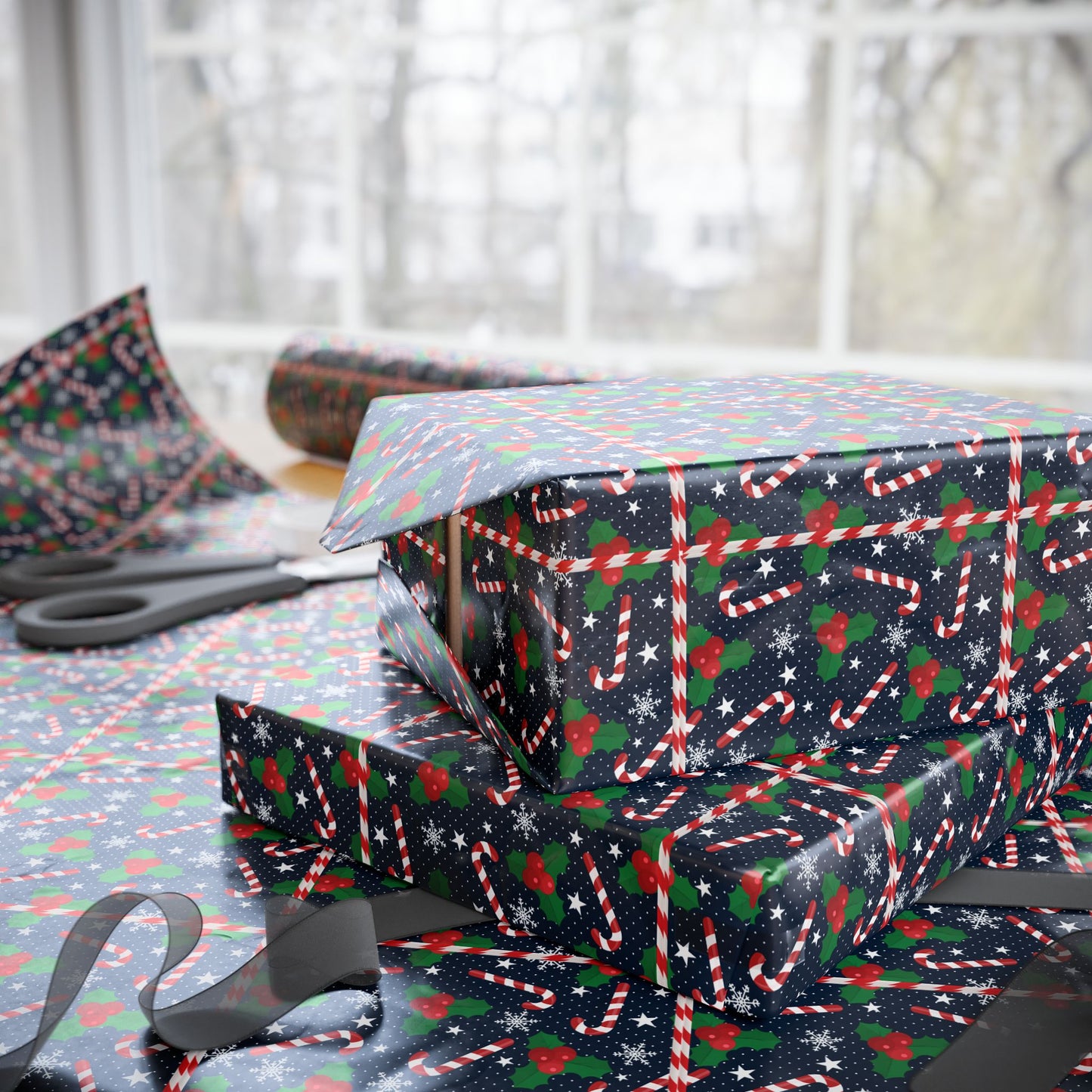 Christmas Candy Cane Wrapping Paper, Festive Holiday Gift Wrap, Holly and Snowflake Design Seasonal Christmas Paper
