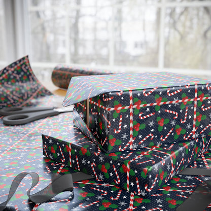 Christmas Candy Cane Wrapping Paper, Festive Holiday Gift Wrap, Holly and Snowflake Design Seasonal Christmas Paper