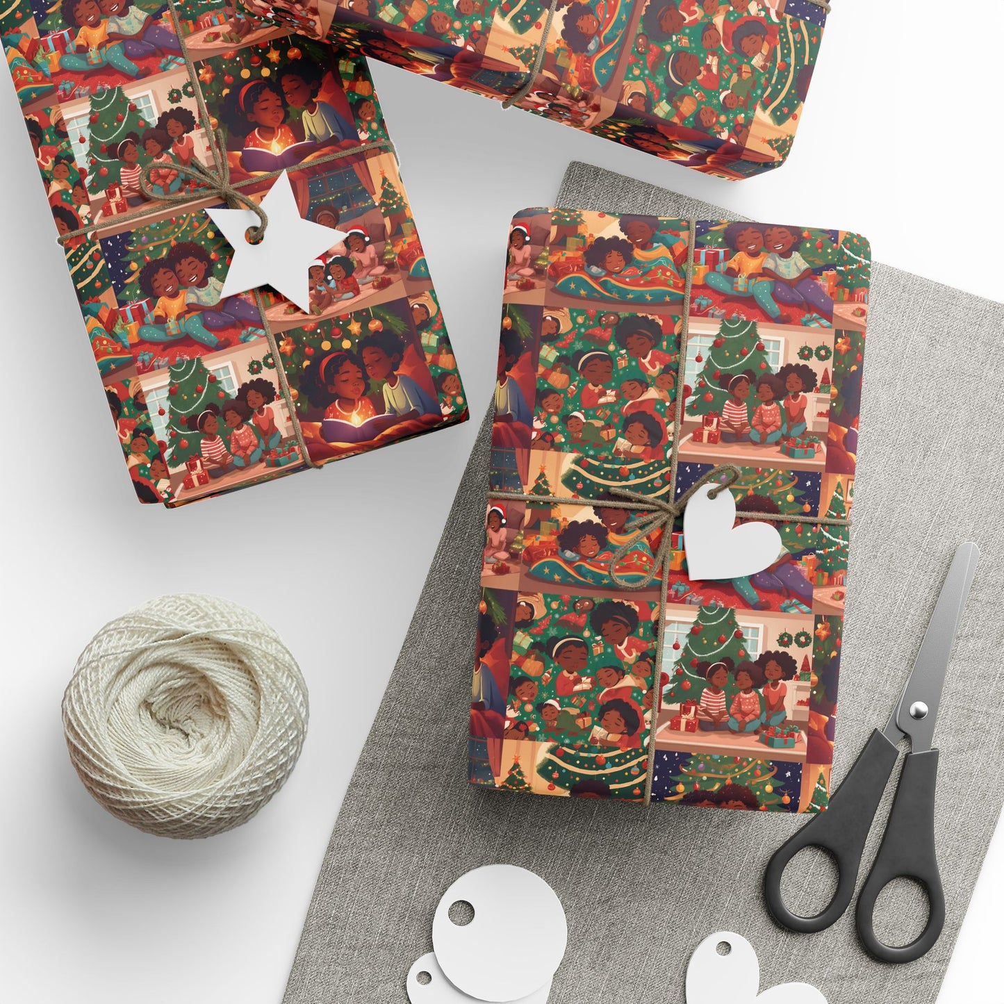 Children Storytime Christmas Scene Wrapping Paper African American Family Holiday Gift Wrap Black Kids Xmas Wrap