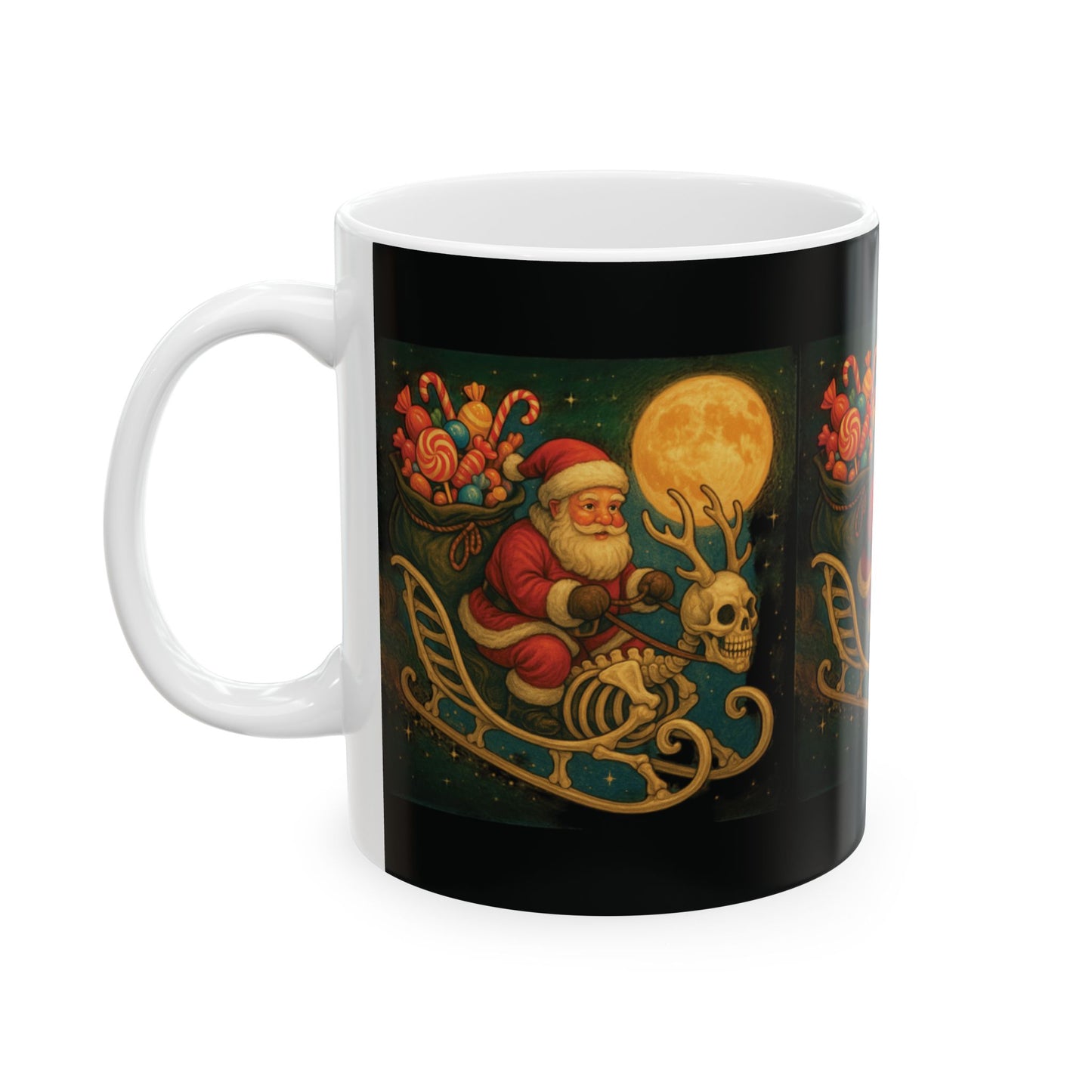 Xmas  Skeleton Reindeer Mug, Skeleton Sleigh Mug, Spooky Santa Mug, Gothic Xmas Mug, Santa Skeleton Mug