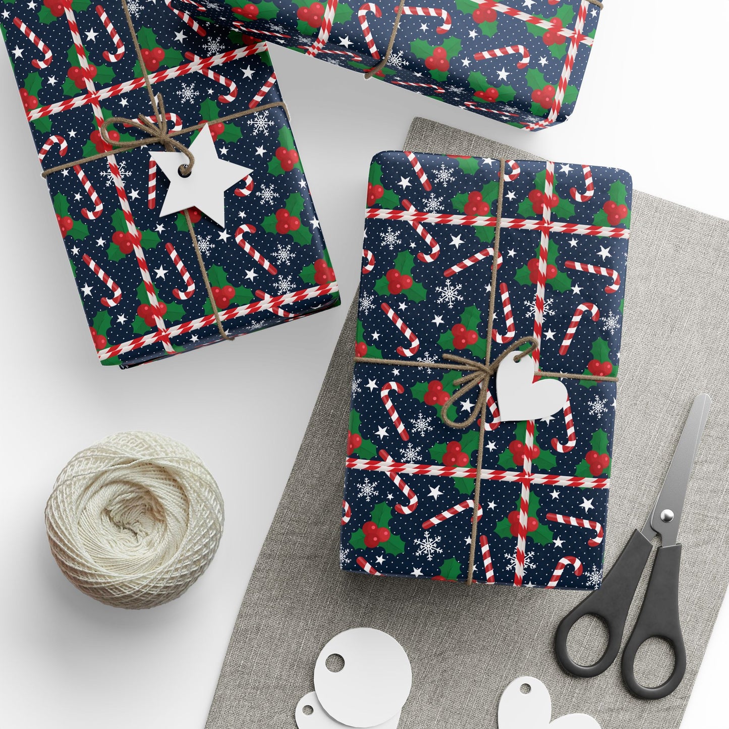 Christmas Candy Cane Wrapping Paper, Festive Holiday Gift Wrap, Holly and Snowflake Design Seasonal Christmas Paper