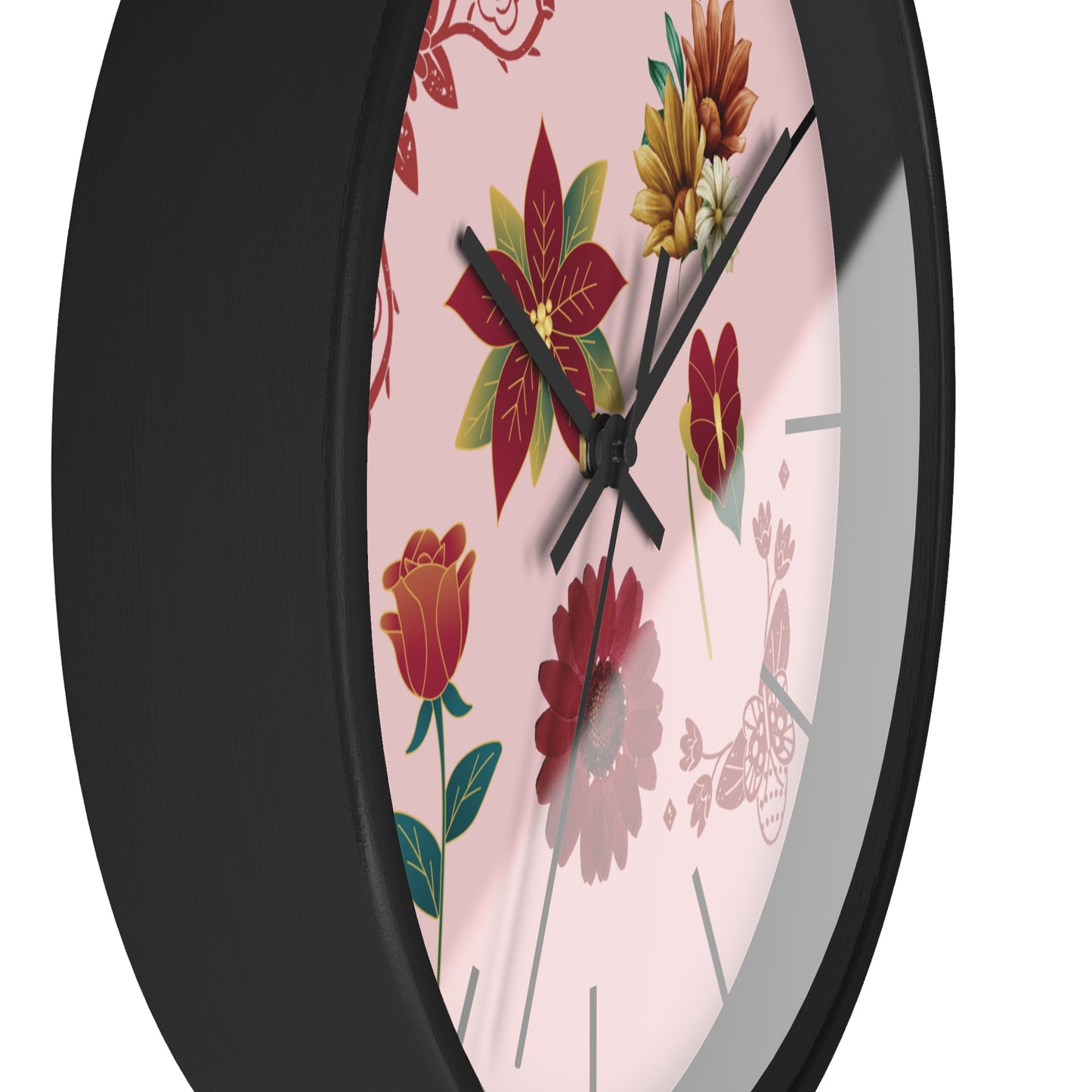 Red Floral Hand Clock, Pink Red Floral Wall Clock, Red Floral Wall Clock, Wildflower Wall Clock, Lined Wall Clock, Red Flower Wall Clock.