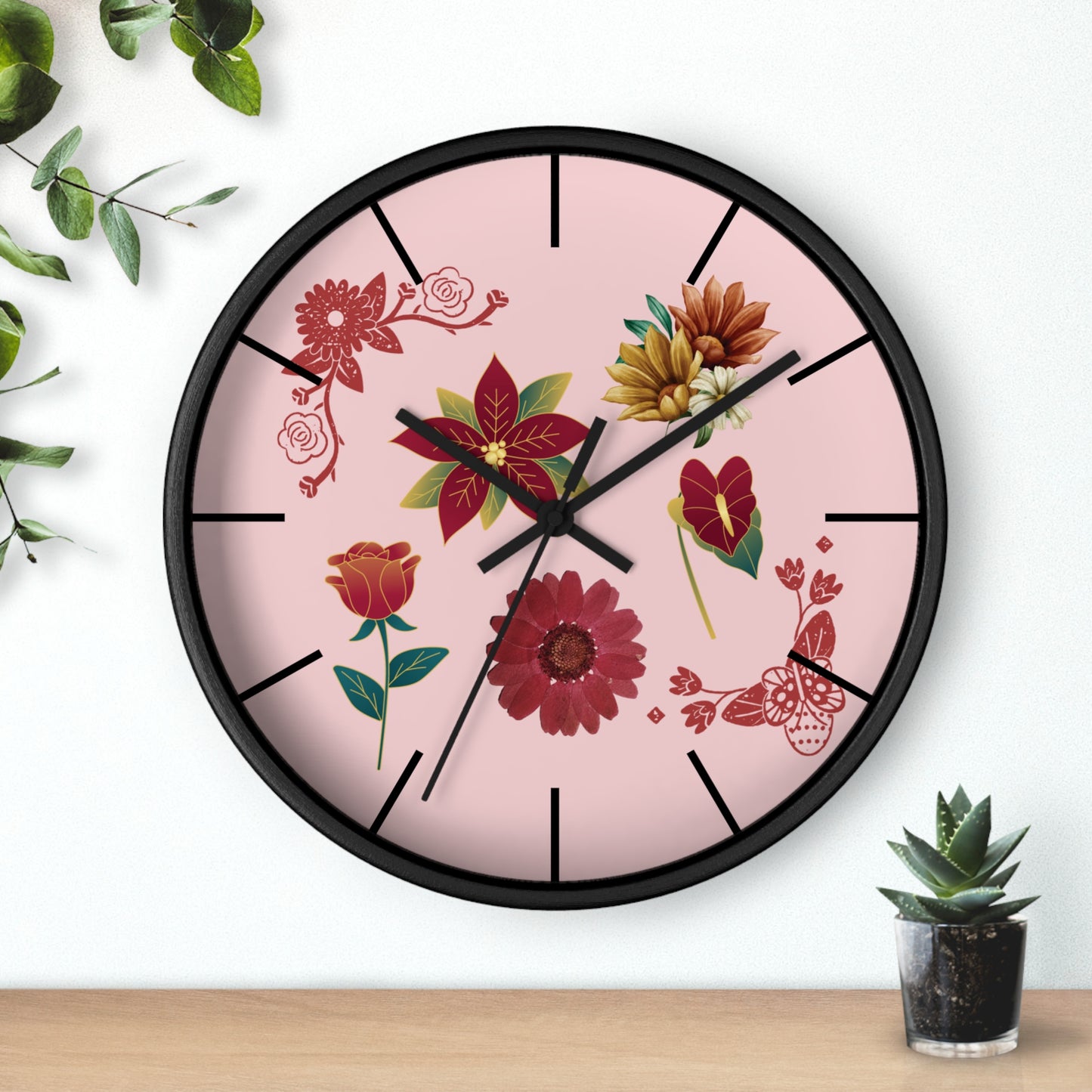 Red Floral Hand Clock, Pink Red Floral Wall Clock, Red Floral Wall Clock, Wildflower Wall Clock, Lined Wall Clock, Red Flower Wall Clock.
