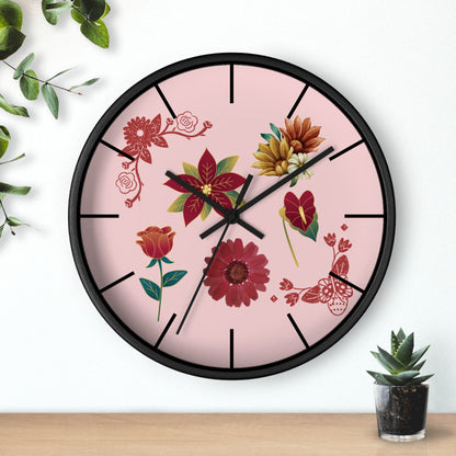 Red Floral Hand Clock, Pink Red Floral Wall Clock, Red Floral Wall Clock, Wildflower Wall Clock, Lined Wall Clock, Red Flower Wall Clock.