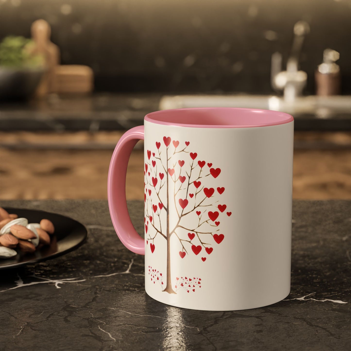 Valentine Red Accent Mug, Heart Tree Mug, Double Sided Love Mug, Watercolor Valentine Mug, Love Tree Mug, Red Hearts Valentine Mug