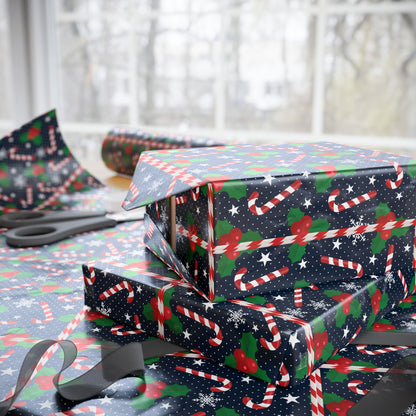 Christmas Candy Cane Wrapping Paper, Festive Holiday Gift Wrap, Holly and Snowflake Design Seasonal Christmas Paper