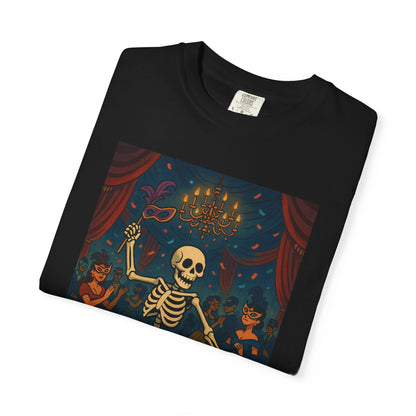Dancing Skeleton Tee Shirt, Skeleton Masquerade Ball Tee, Spooky Party Shirt, Gothic Dance Top, Day Of The Dead Party Tee, Fall Festival Top