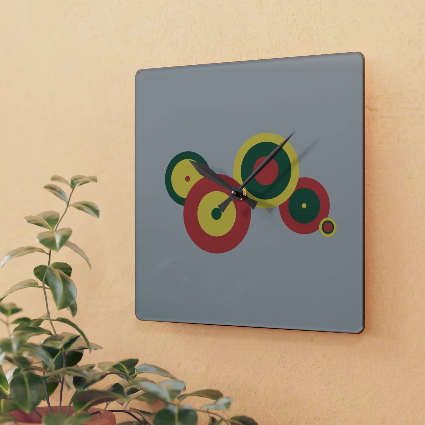 Minimal Circle Wall Clock, Abstract Acrylic Clock, Artistic Timepiece, Square Acrylic Wall Clock, Color Circles Clock, Retro modern Clock