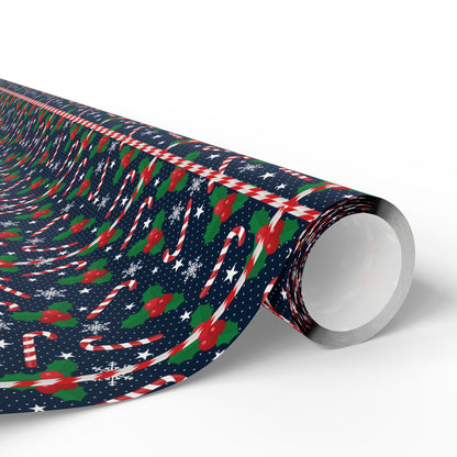 Christmas Candy Cane Wrapping Paper, Festive Holiday Gift Wrap, Holly and Snowflake Design Seasonal Christmas Paper