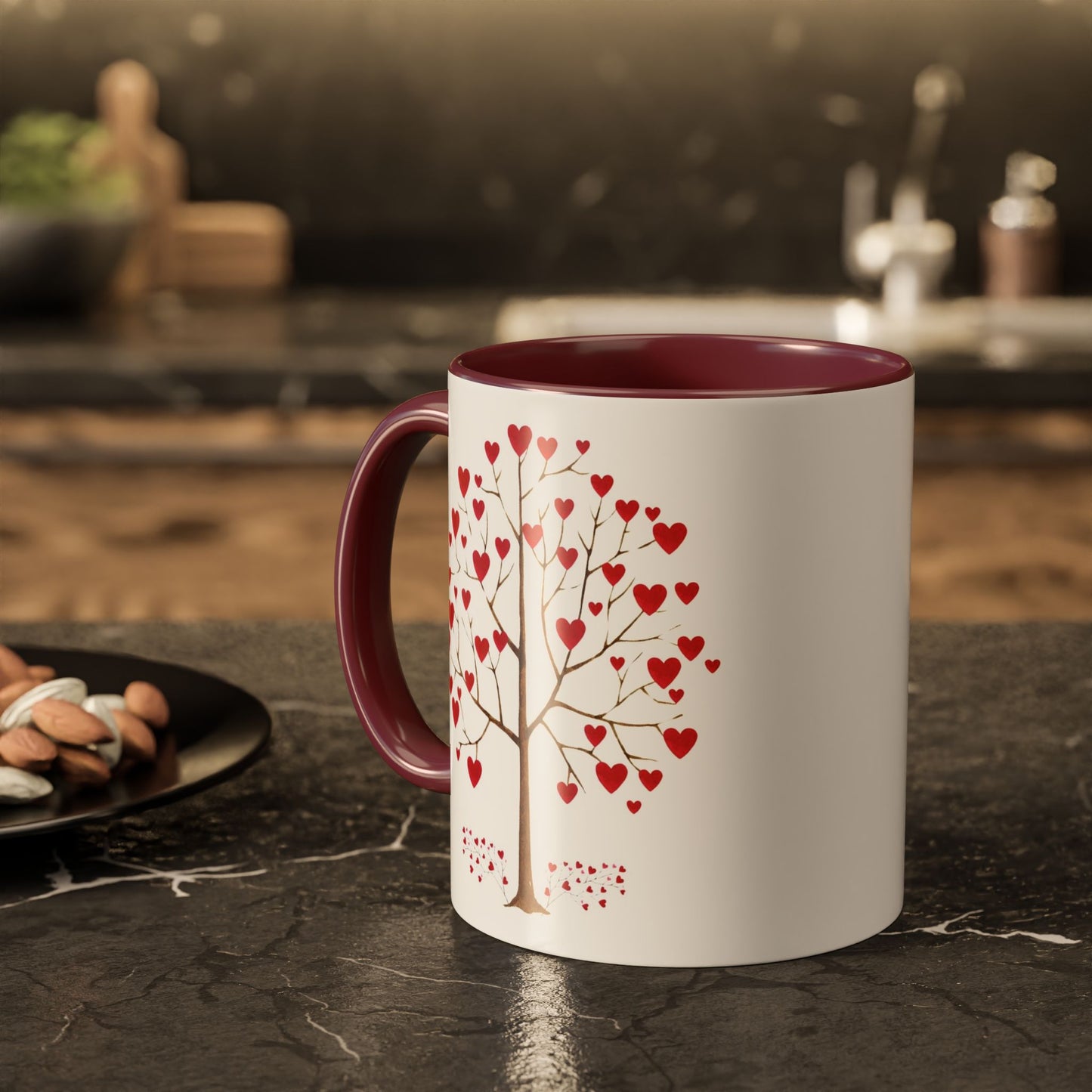 Valentine Red Accent Mug, Heart Tree Mug, Double Sided Love Mug, Watercolor Valentine Mug, Love Tree Mug, Red Hearts Valentine Mug