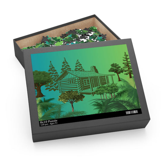 Log Cabin Jigsaw Puzzle, Outdoor Jigsaw Puzzle, Trees in Forest Puzzle, Log Cabin Puzzle, Green Forest Puzzle, Forest Jigsaw Puzzle.