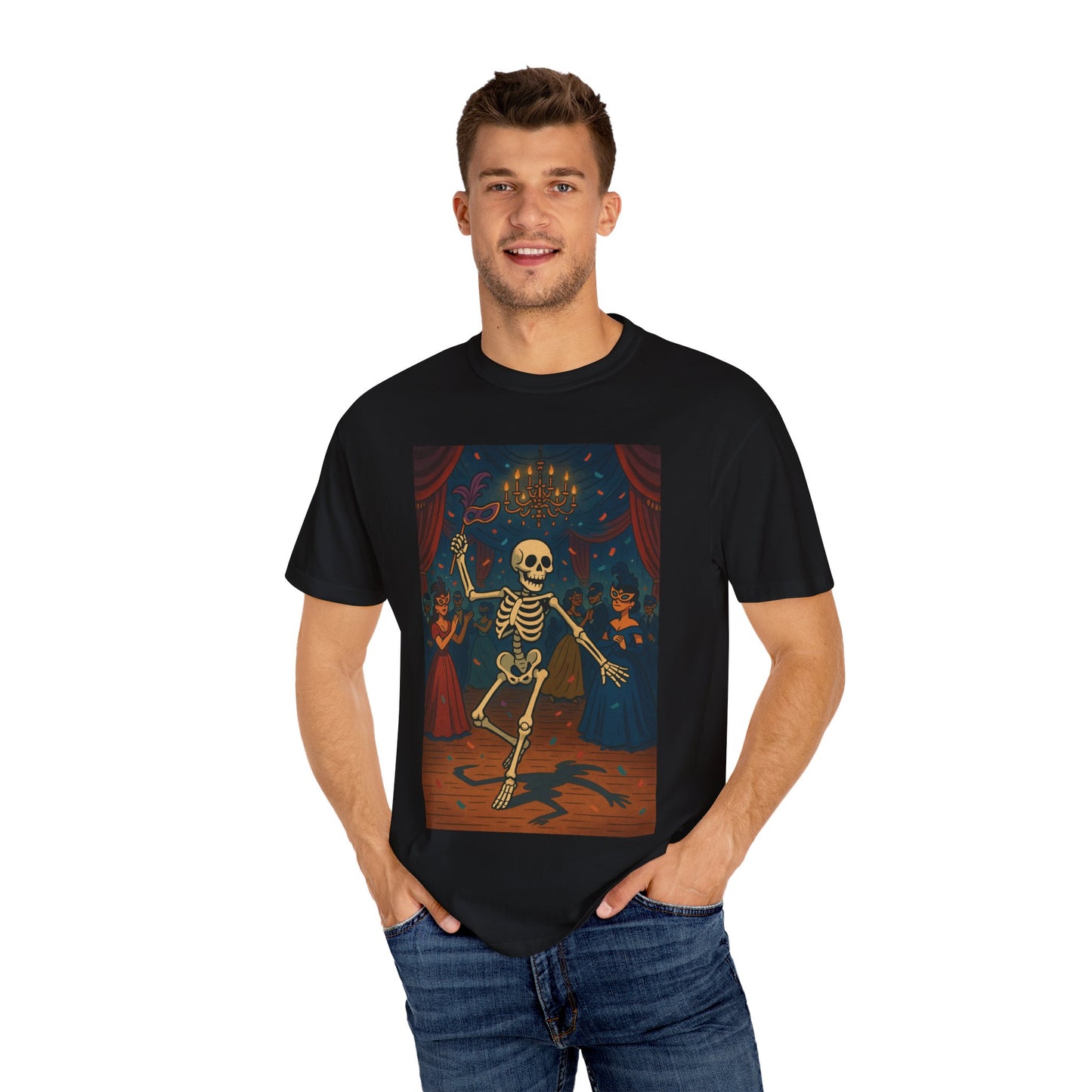 Dancing Skeleton Tee Shirt, Skeleton Masquerade Ball Tee, Spooky Party Shirt, Gothic Dance Top, Day Of The Dead Party Tee, Fall Festival Top