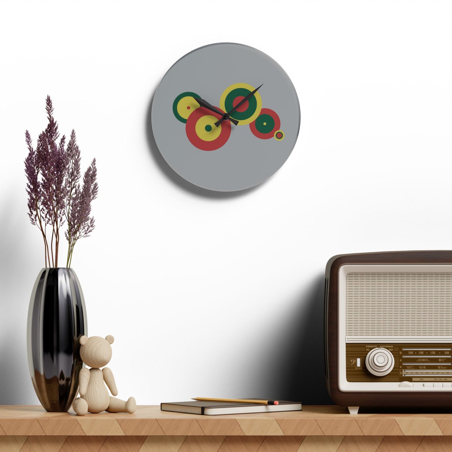 Minimal Circle Wall Clock, Abstract Acrylic Clock, Artistic Timepiece, Square Acrylic Wall Clock, Color Circles Clock, Retro modern Clock