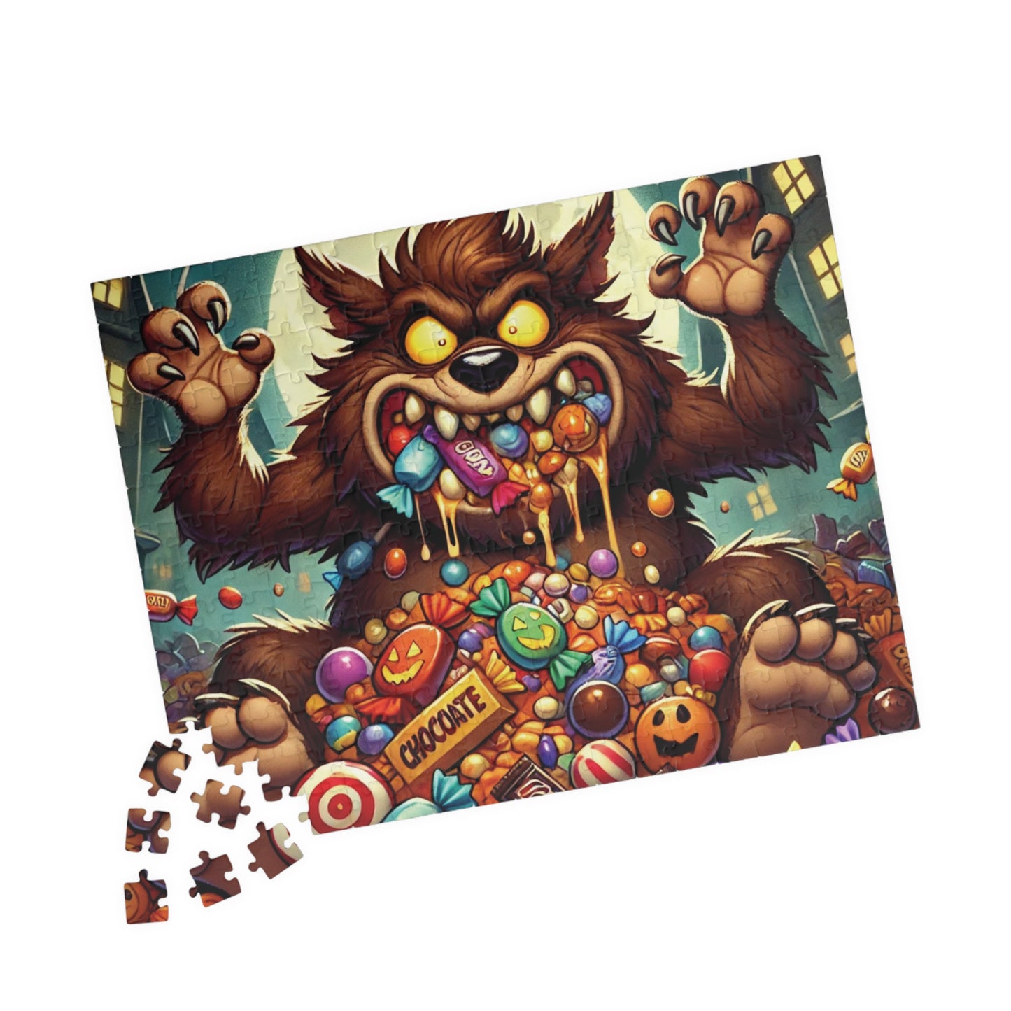 Werewolf Cartoon Puzzle, Monster Candy Puzzle, Werewolf Halloween Puzzle, Scary Fun Puzzle, Spooky Monster Jigsaw, Halloween Candy Puzzle