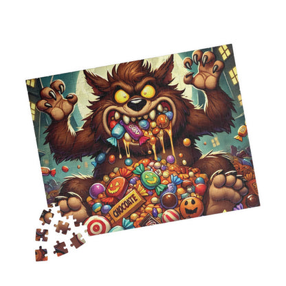 Werewolf Cartoon Puzzle, Monster Candy Puzzle, Werewolf Halloween Puzzle, Scary Fun Puzzle, Spooky Monster Jigsaw, Halloween Candy Puzzle