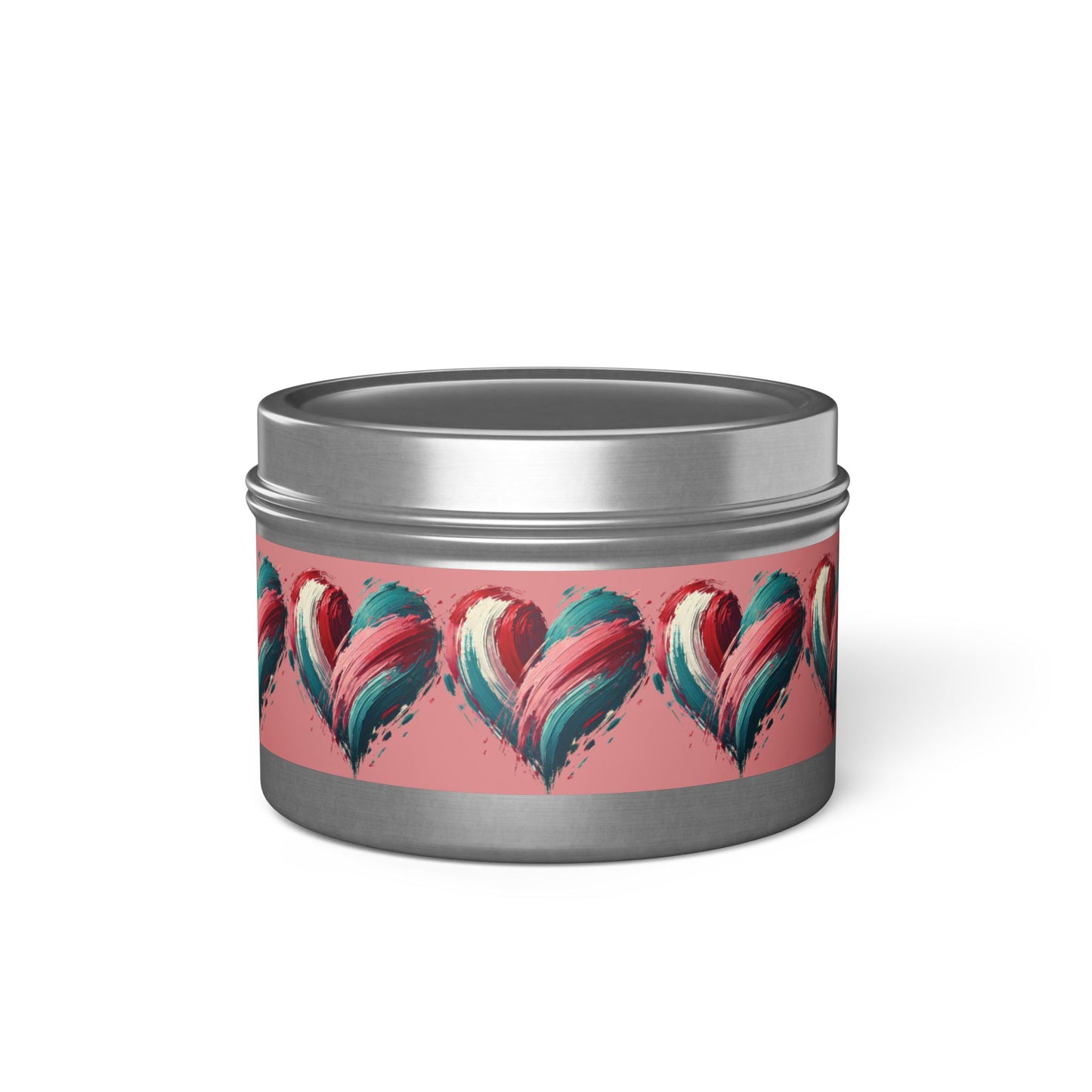 Valentine Heart Candle Tin – Romantic Brush Stroke Design, Love Aromatherapy Candle, Pink & Teal Heart Art Gift for Her
