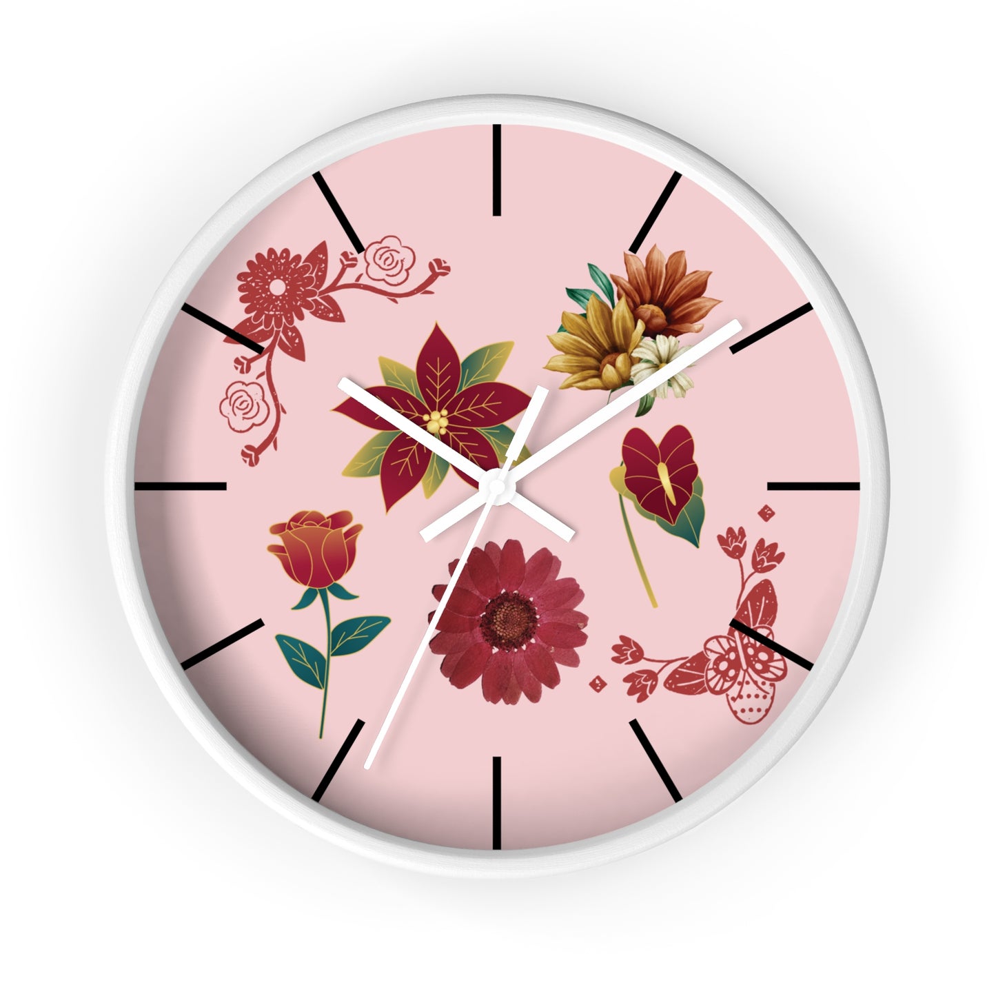 Red Floral Hand Clock, Pink Red Floral Wall Clock, Red Floral Wall Clock, Wildflower Wall Clock, Lined Wall Clock, Red Flower Wall Clock.