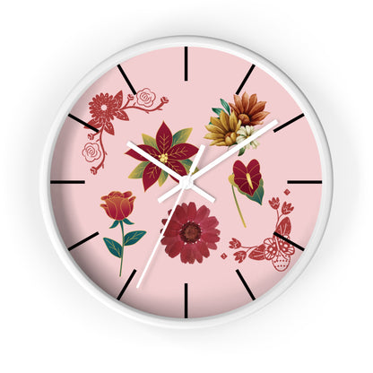 Red Floral Hand Clock, Pink Red Floral Wall Clock, Red Floral Wall Clock, Wildflower Wall Clock, Lined Wall Clock, Red Flower Wall Clock.