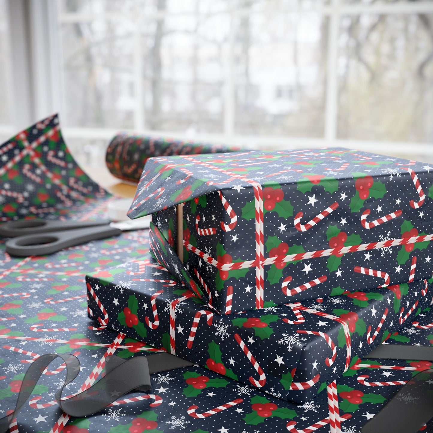 Christmas Candy Cane Wrapping Paper, Festive Holiday Gift Wrap, Holly and Snowflake Design Seasonal Christmas Paper