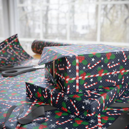 Christmas Candy Cane Wrapping Paper, Festive Holiday Gift Wrap, Holly and Snowflake Design Seasonal Christmas Paper