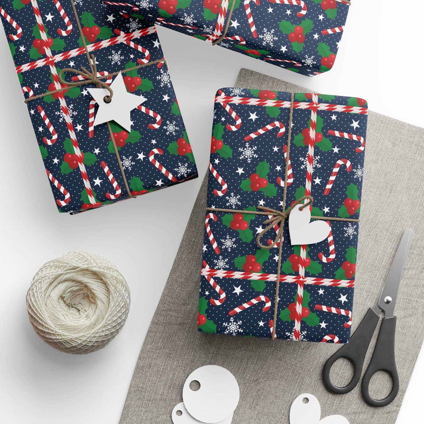 Christmas Candy Cane Wrapping Paper, Festive Holiday Gift Wrap, Holly and Snowflake Design Seasonal Christmas Paper