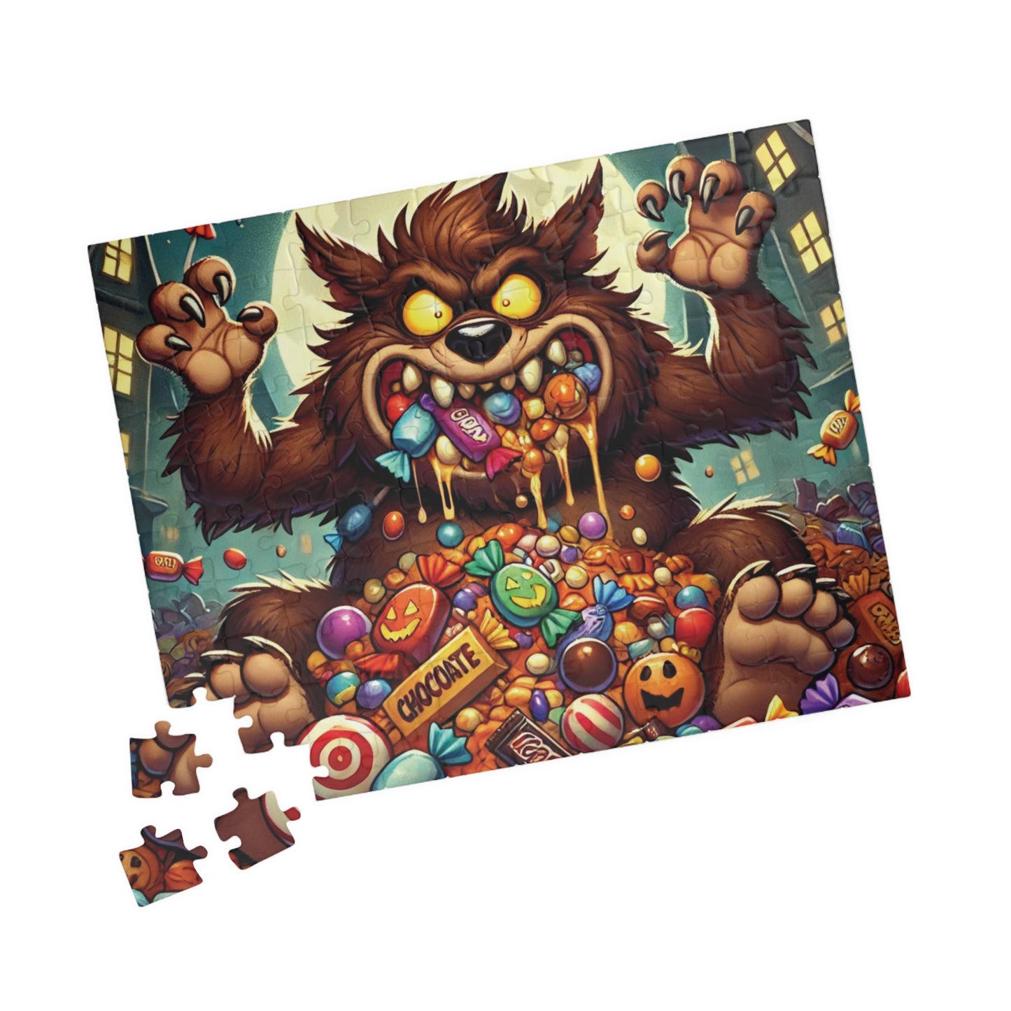 Werewolf Cartoon Puzzle, Monster Candy Puzzle, Werewolf Halloween Puzzle, Scary Fun Puzzle, Spooky Monster Jigsaw, Halloween Candy Puzzle