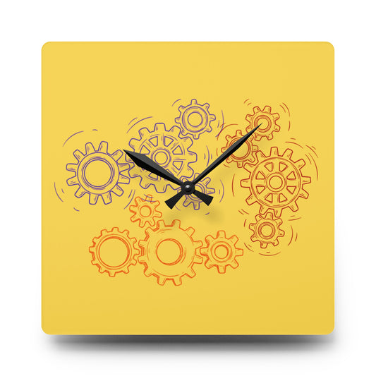 Yellow Mechanical Wall Clock, Geometric Square Wall Clock, Round Geometric Wall Clock, Gear Designed Clock, Abstract Acrylic Wall Clock.