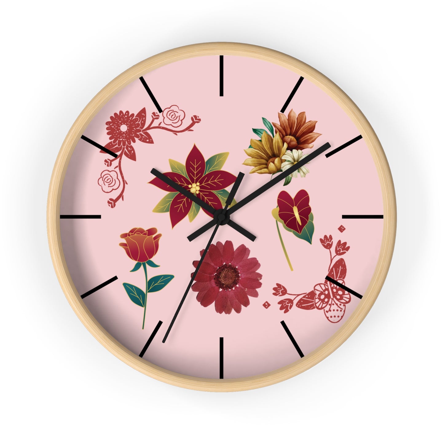 Red Floral Hand Clock, Pink Red Floral Wall Clock, Red Floral Wall Clock, Wildflower Wall Clock, Lined Wall Clock, Red Flower Wall Clock.