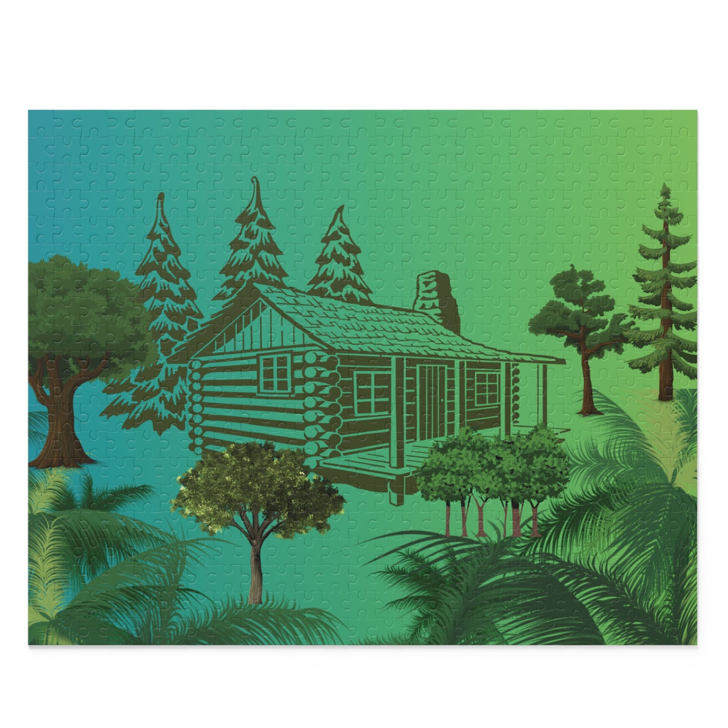 Log Cabin Jigsaw Puzzle, Outdoor Jigsaw Puzzle, Trees in Forest Puzzle, Log Cabin Puzzle, Green Forest Puzzle, Forest Jigsaw Puzzle.