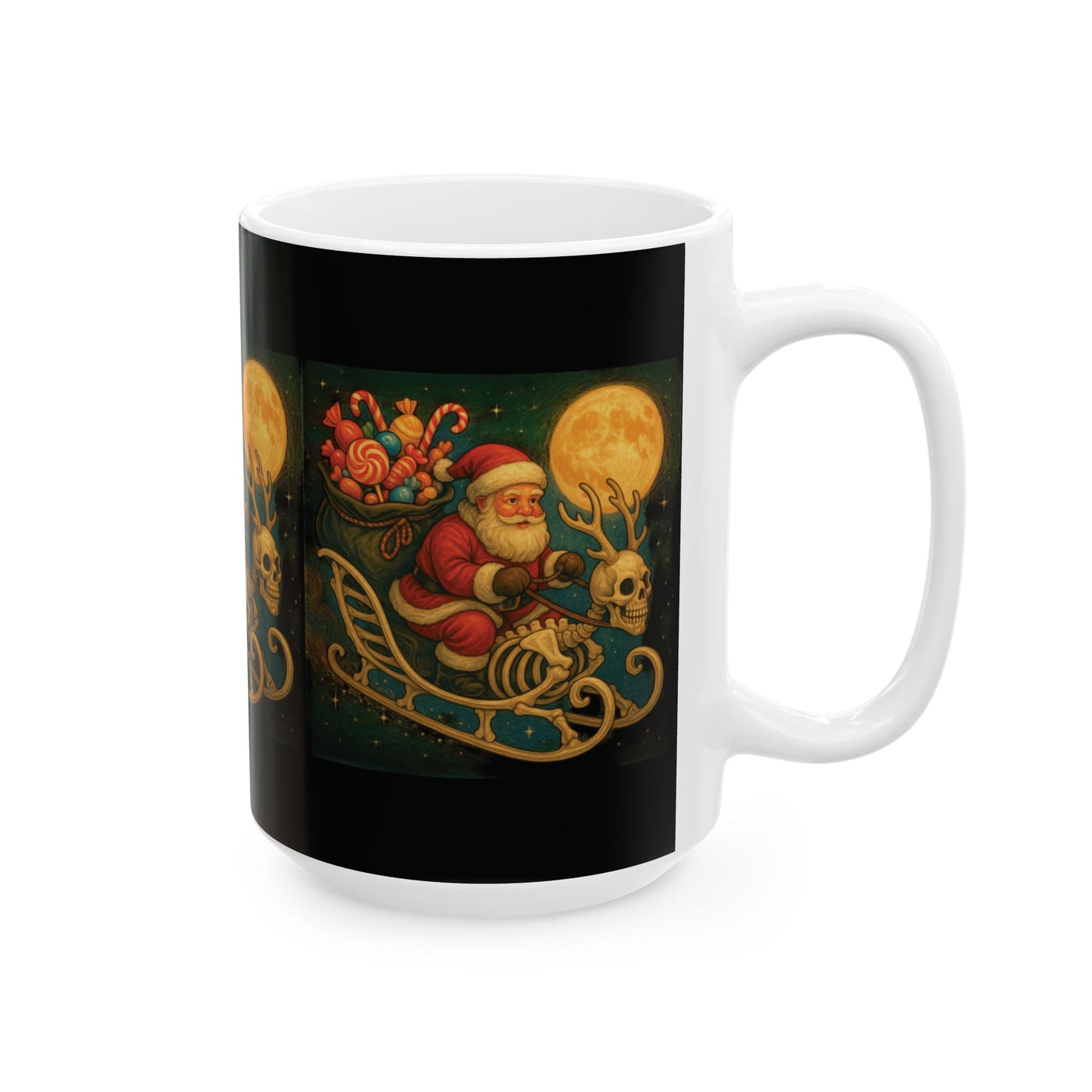Xmas  Skeleton Reindeer Mug, Skeleton Sleigh Mug, Spooky Santa Mug, Gothic Xmas Mug, Santa Skeleton Mug