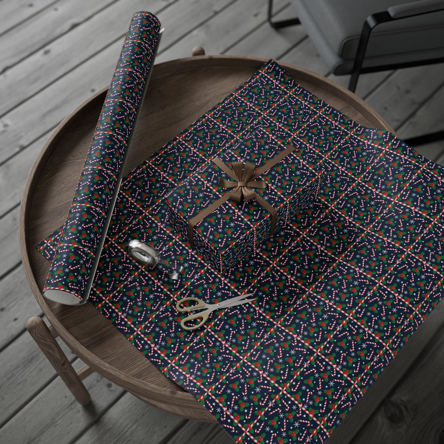 Christmas Candy Cane Wrapping Paper, Festive Holiday Gift Wrap, Holly and Snowflake Design Seasonal Christmas Paper