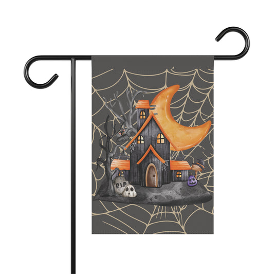 Haunted House Halloween Flag, Outdoor Porch & Garden Decoration, Spook House Flag, Creepy Yard Banner, Crescent Moon & Spiderweb Yard Flag