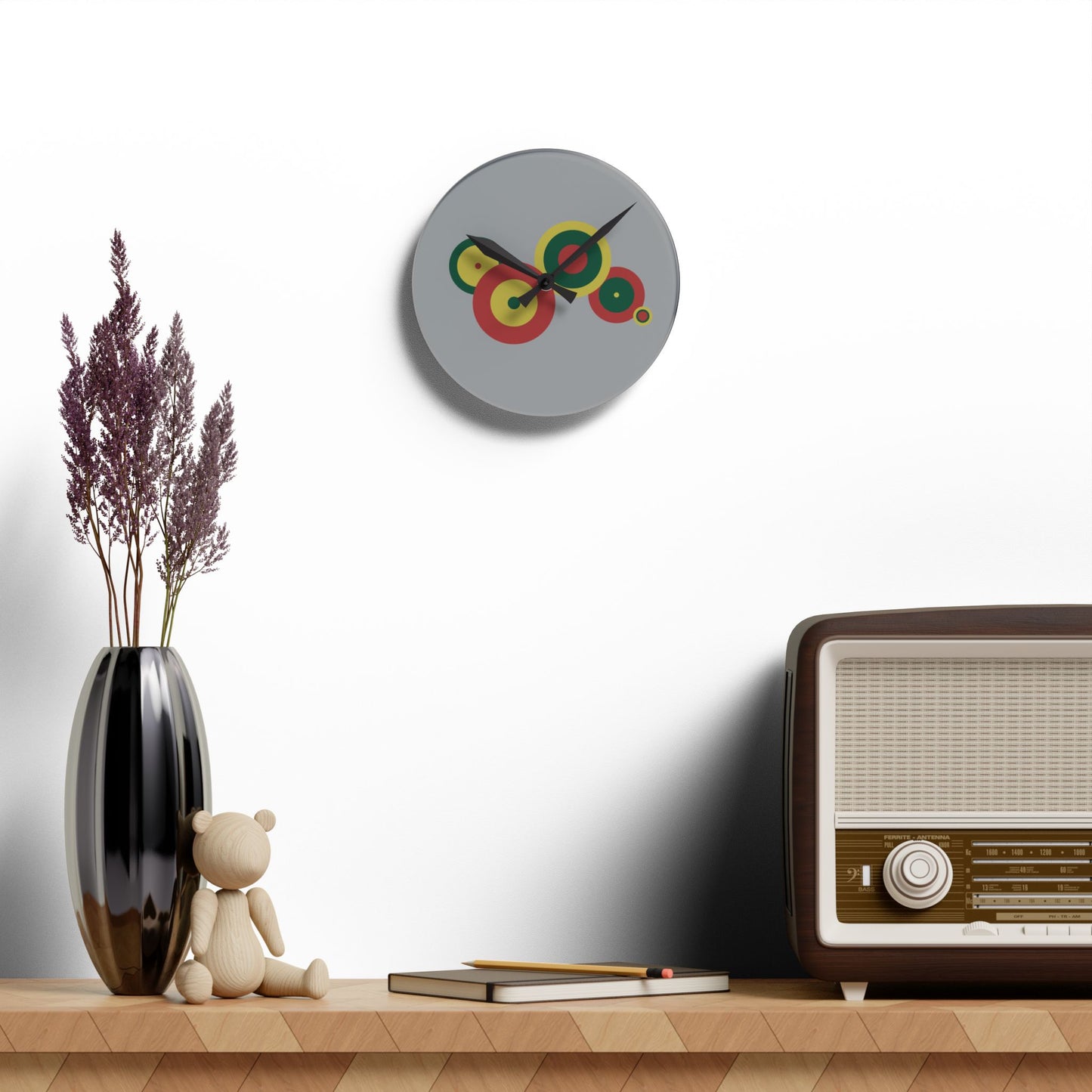 Minimal Circle Wall Clock, Abstract Acrylic Clock, Artistic Timepiece, Square Acrylic Wall Clock, Color Circles Clock, Retro modern Clock