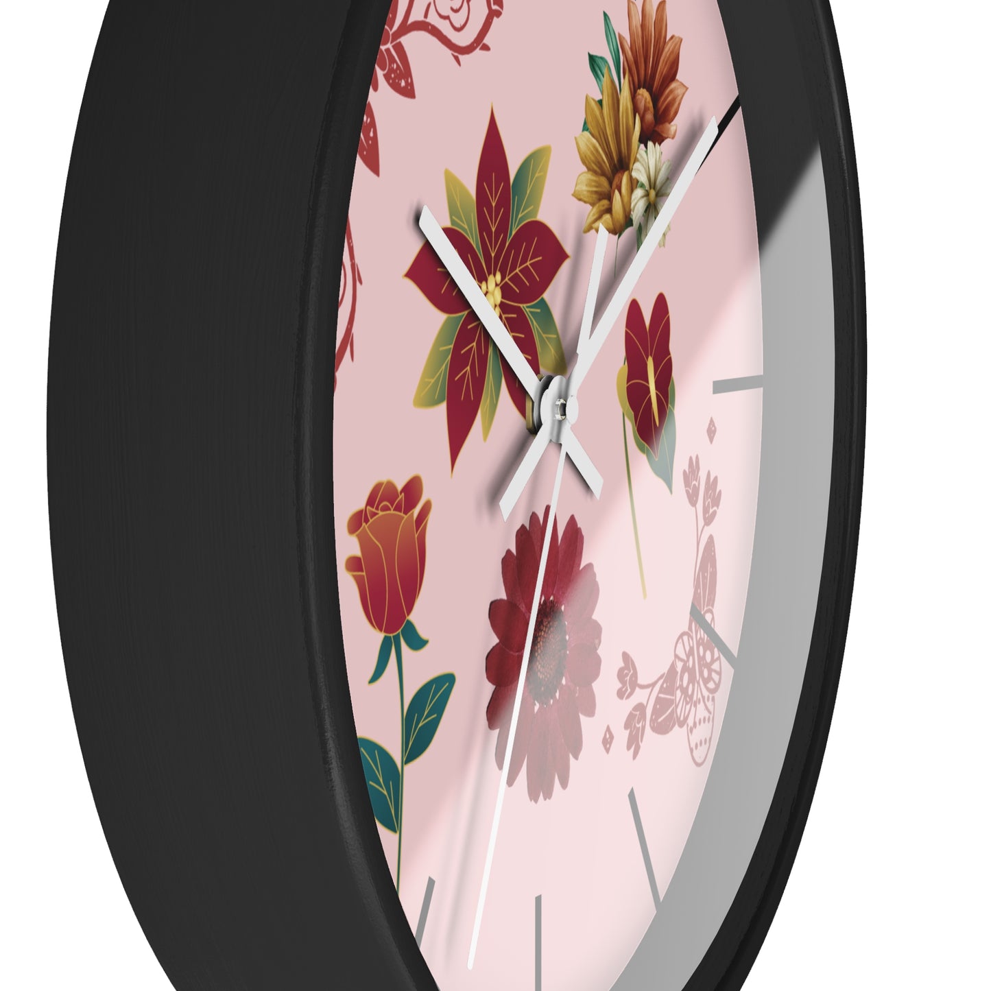 Red Floral Hand Clock, Pink Red Floral Wall Clock, Red Floral Wall Clock, Wildflower Wall Clock, Lined Wall Clock, Red Flower Wall Clock.