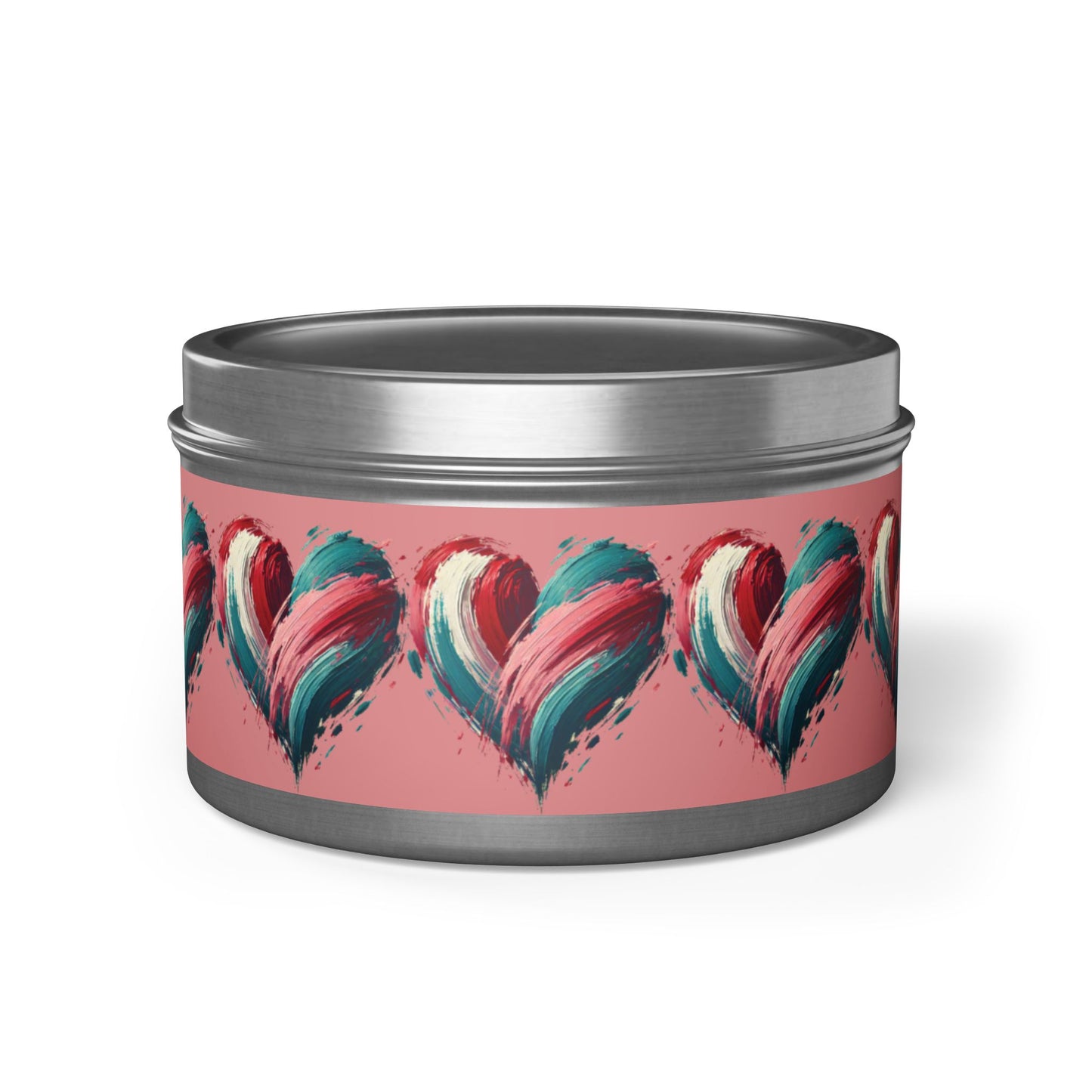 Valentine Heart Candle Tin – Romantic Brush Stroke Design, Love Aromatherapy Candle, Pink & Teal Heart Art Gift for Her