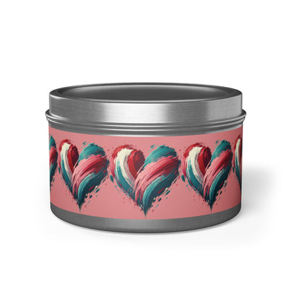 Valentine Heart Candle Tin – Romantic Brush Stroke Design, Love Aromatherapy Candle, Pink & Teal Heart Art Gift for Her