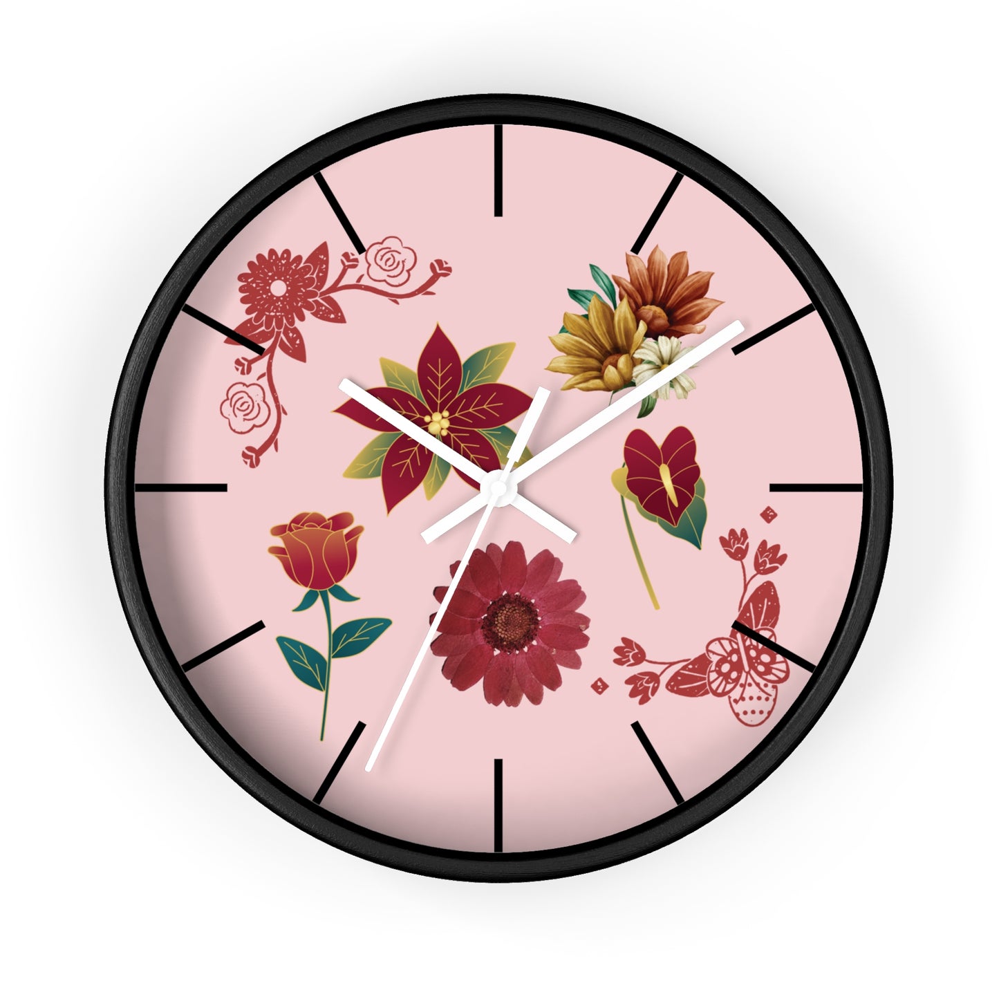 Red Floral Hand Clock, Pink Red Floral Wall Clock, Red Floral Wall Clock, Wildflower Wall Clock, Lined Wall Clock, Red Flower Wall Clock.