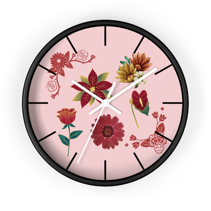Red Floral Hand Clock, Pink Red Floral Wall Clock, Red Floral Wall Clock, Wildflower Wall Clock, Lined Wall Clock, Red Flower Wall Clock.