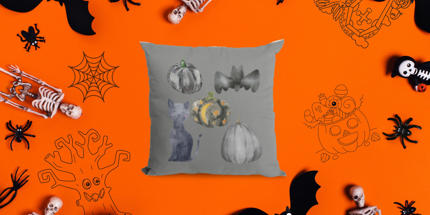 Bat Pumpkin Pillow, Gray Pumpkin Pillow, Watercolor Halloween Pillow, Black Gray Halloween Pillow, Minimalist Halloween Pillow,