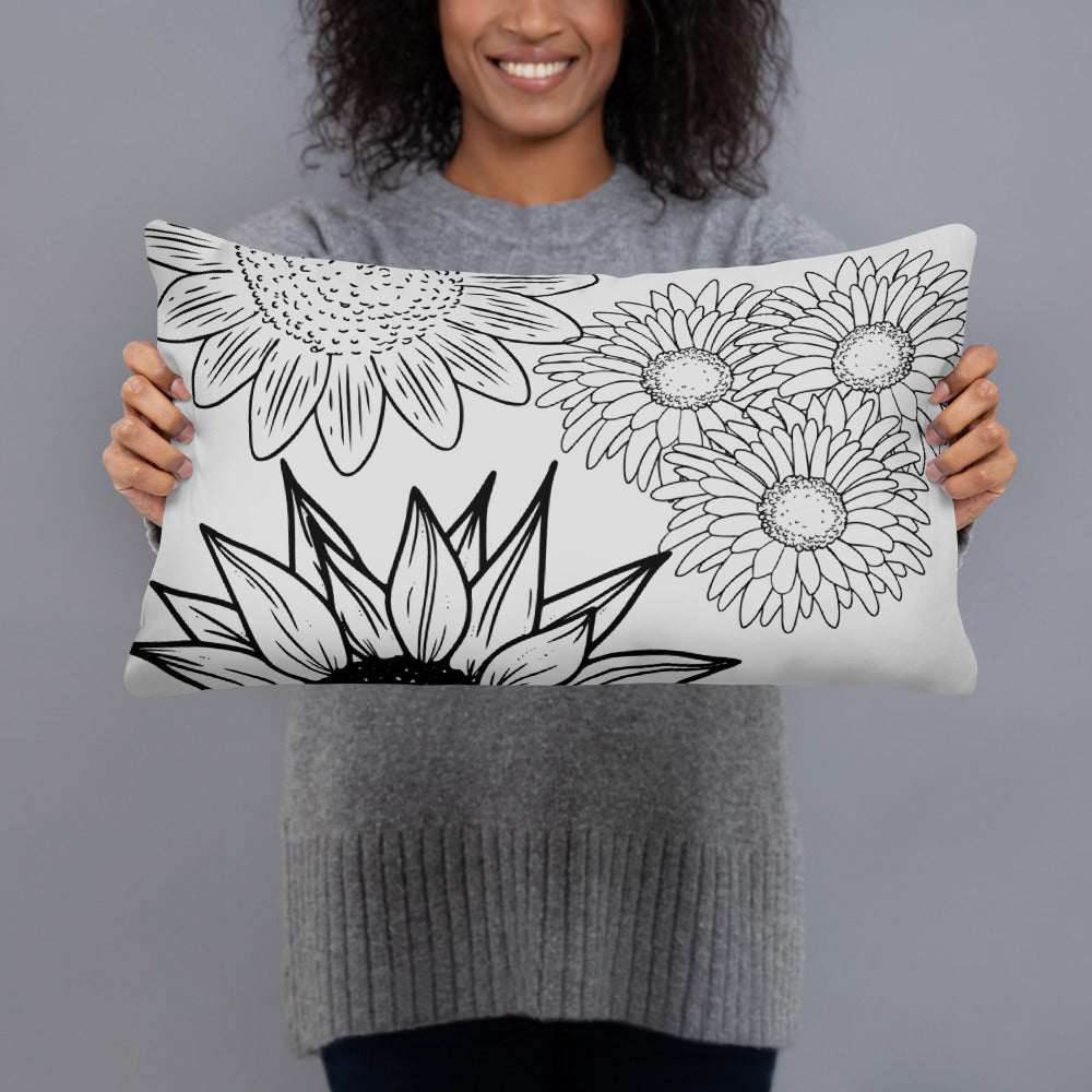 Sunflower Abstract Pillow, Gray Wildflower Throw Pillow, Gray Sunflower Pillow, Daisy Sunflower Pillow, Grey Flower Print Pillow