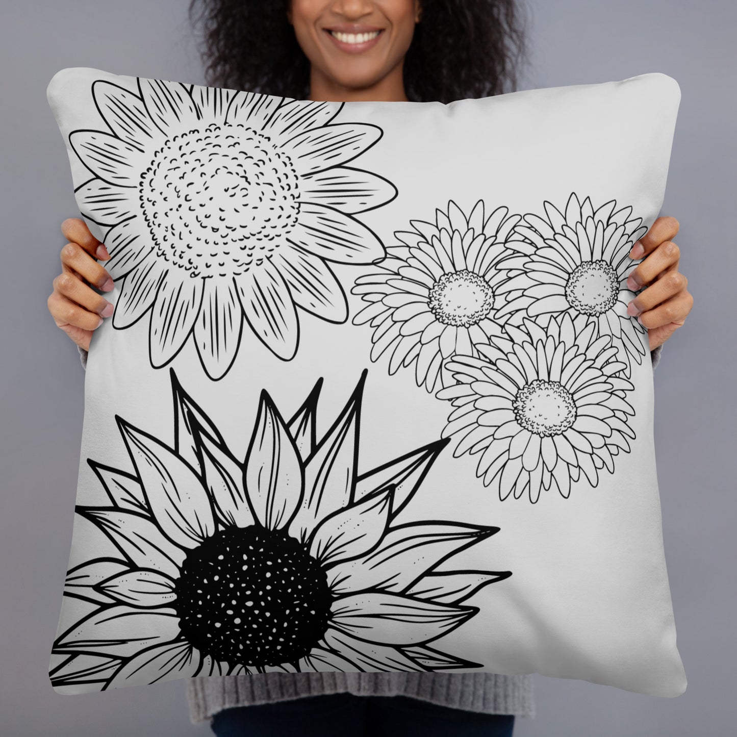 Sunflower Abstract Pillow, Gray Wildflower Throw Pillow, Gray Sunflower Pillow, Daisy Sunflower Pillow, Grey Flower Print Pillow