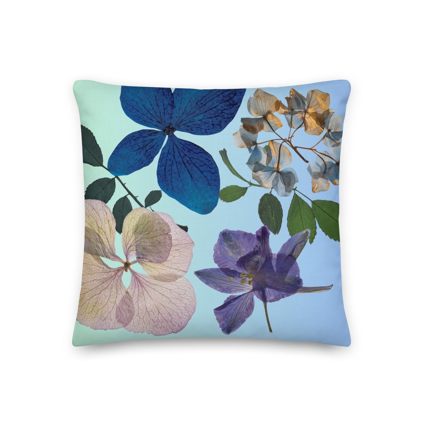 Decorated Floral Pillow, Light Blue Floral Pillow, Cottagecore Wildflower Pillow, Premium Accent Pillows, Wild Flower Designed Pillow.